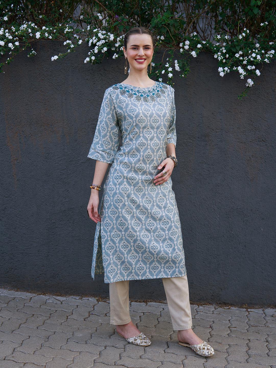 Ethnic Printed & Hand Embroidered Straight Fit Kurta - Powder Blue - Indiakreations