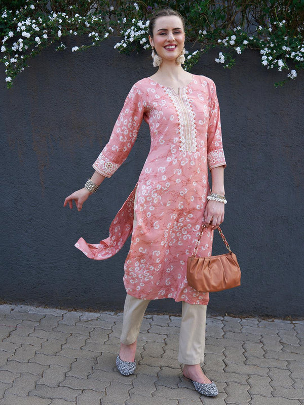 Floral Printed & Zari Embroidered Straight Fit Kurta - Light Coral Pink - Indiakreations