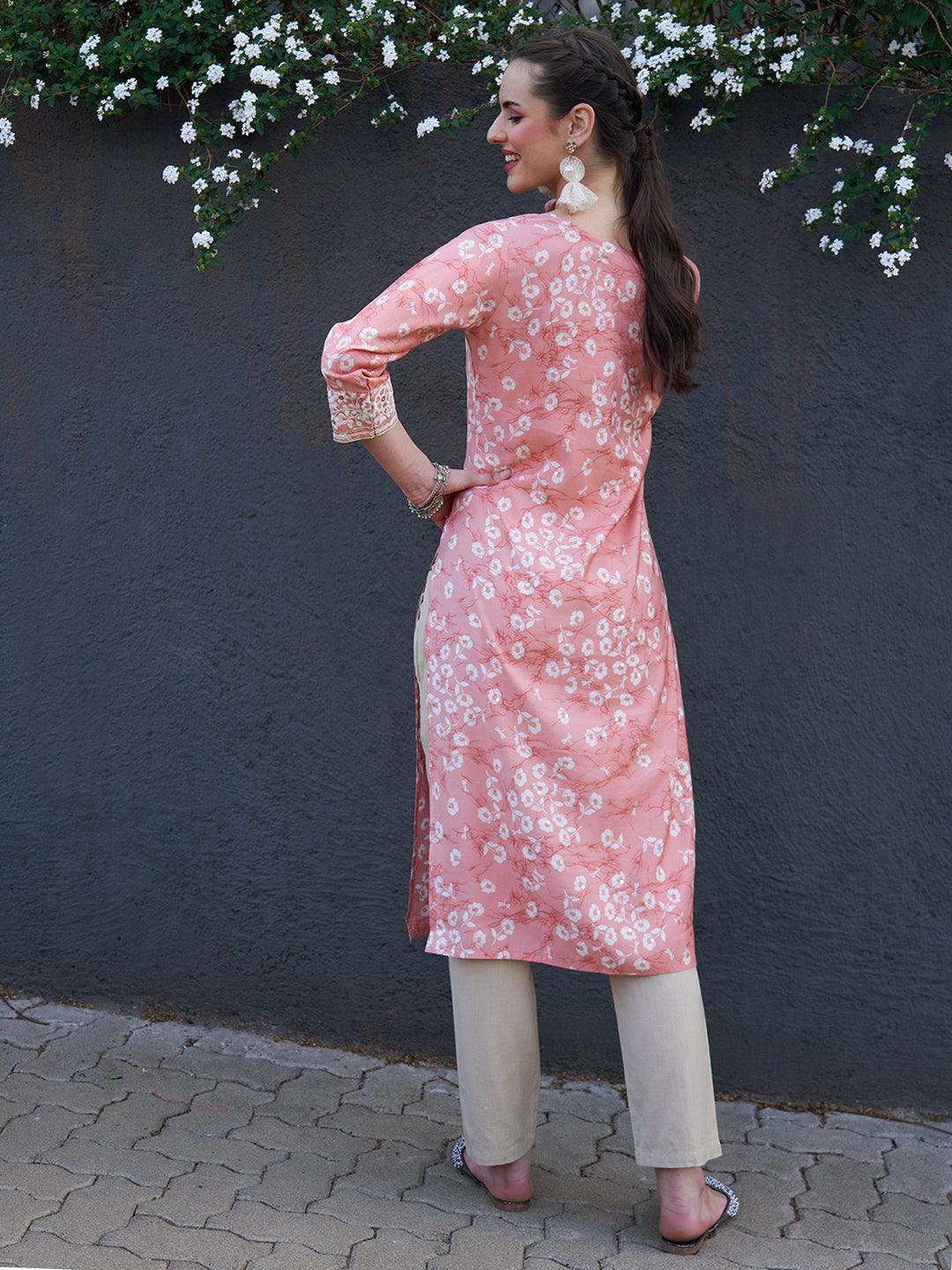 Floral Printed & Zari Embroidered Straight Fit Kurta - Light Coral Pink - Indiakreations