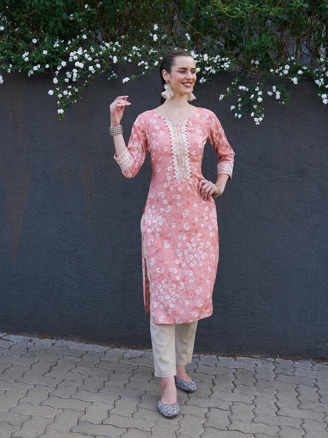 Floral Printed & Zari Embroidered Straight Fit Kurta - Light Coral Pink - Indiakreations