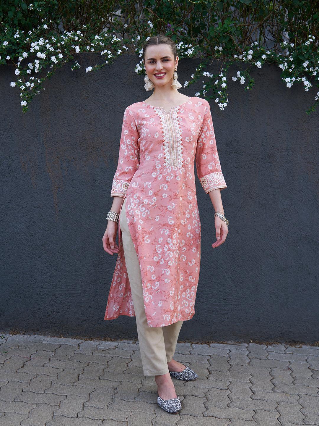 Floral Printed & Zari Embroidered Straight Fit Kurta - Light Coral Pink - Indiakreations