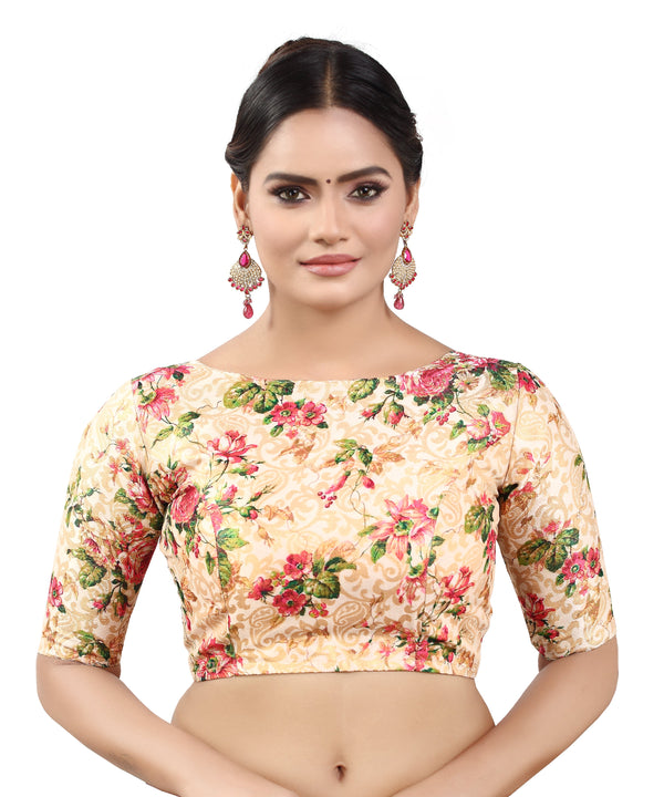 Women's Polyester Brocade Digital Print Elbow Length Sleeves Readymade Saree Blouse - Madhu Fashion