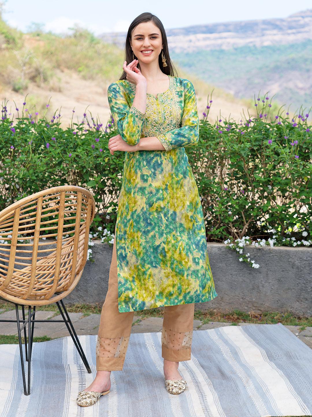 Ethnic Printed & Embroidered Straight Fit Kurta - Multi - Indiakreations