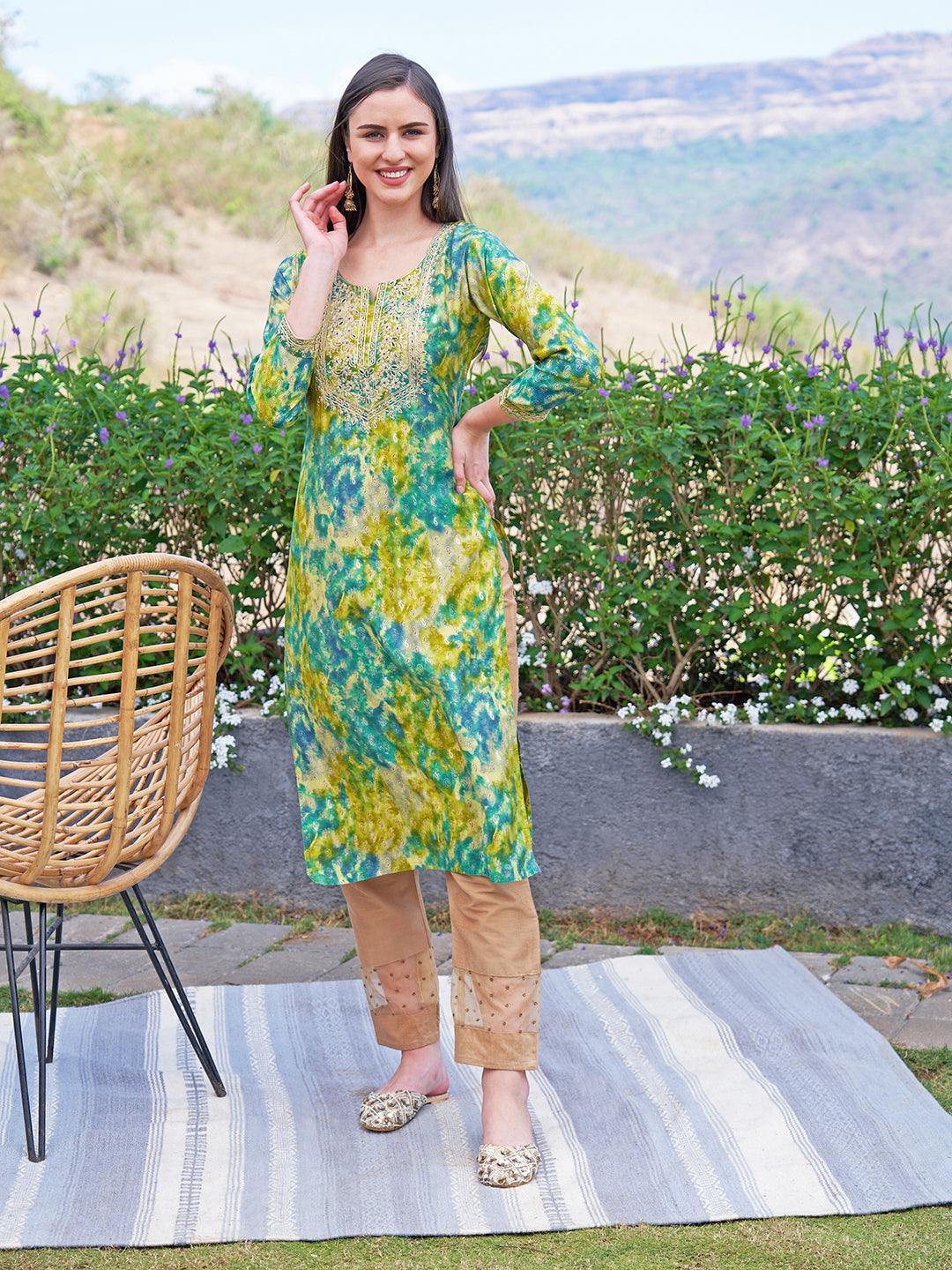 Ethnic Printed & Embroidered Straight Fit Kurta - Multi - Indiakreations