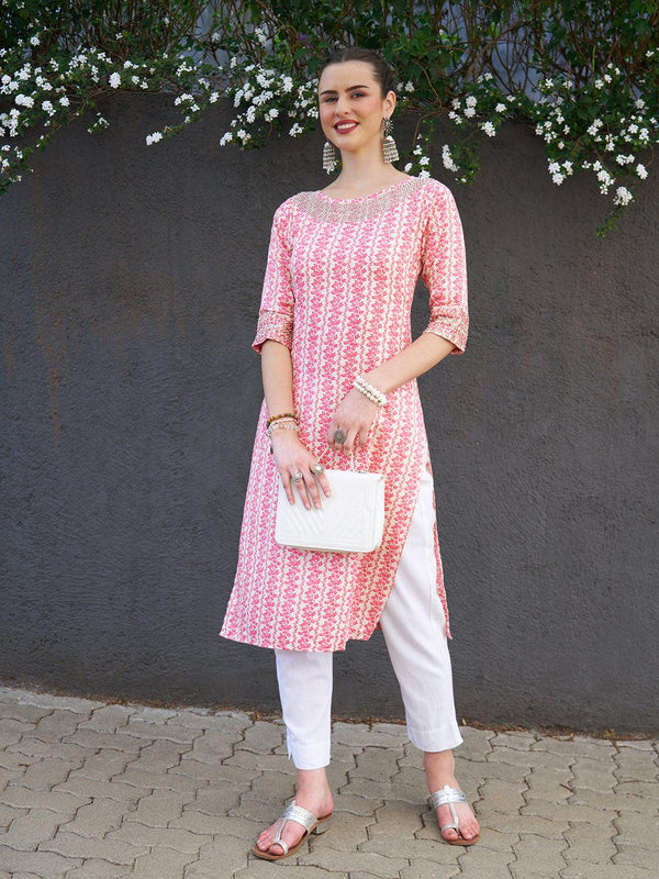 Floral Printed & Hand Embroidered Straight Fit Kurta - Pink - Indiakreations