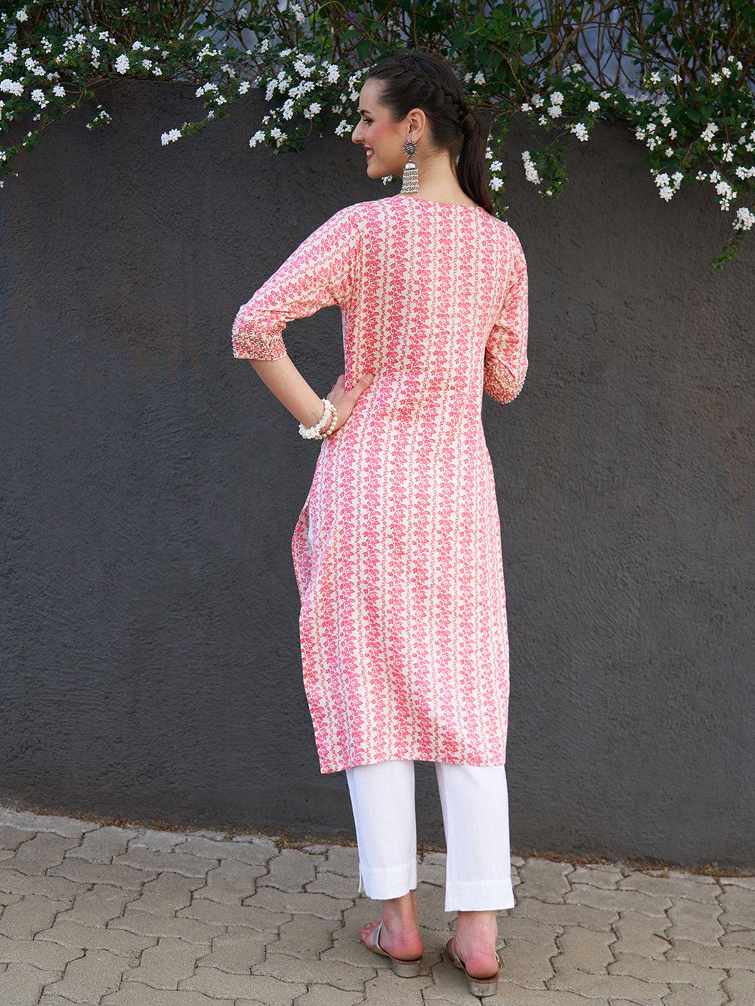 Floral Printed & Hand Embroidered Straight Fit Kurta - Pink - Indiakreations