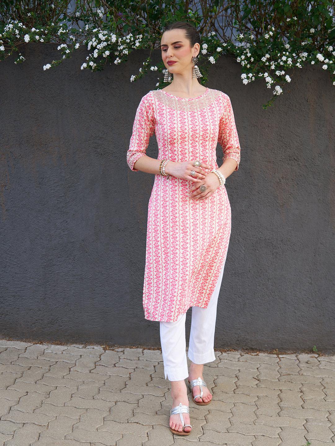 Floral Printed & Hand Embroidered Straight Fit Kurta - Pink - Indiakreations