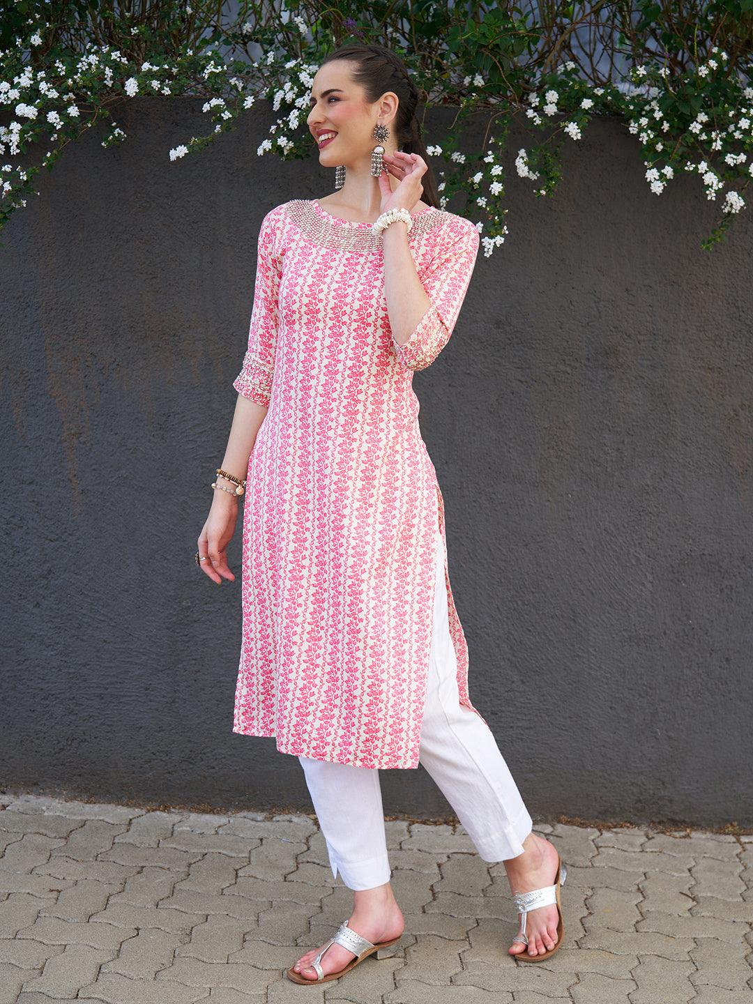 Floral Printed & Hand Embroidered Straight Fit Kurta - Pink - Indiakreations