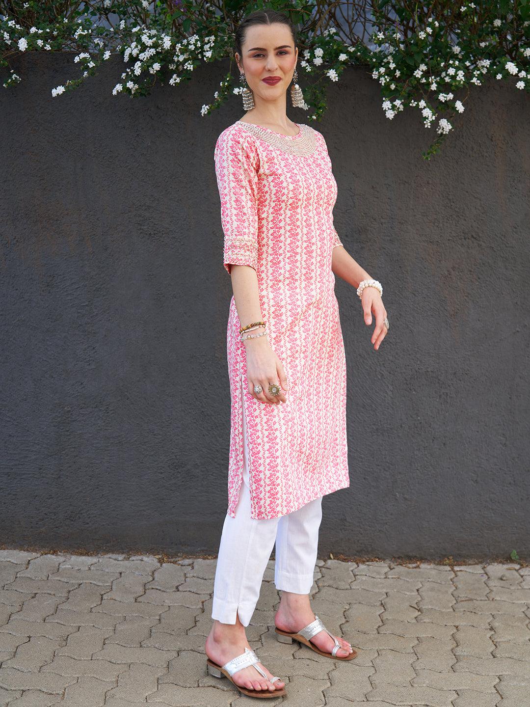 Floral Printed & Hand Embroidered Straight Fit Kurta - Pink - Indiakreations