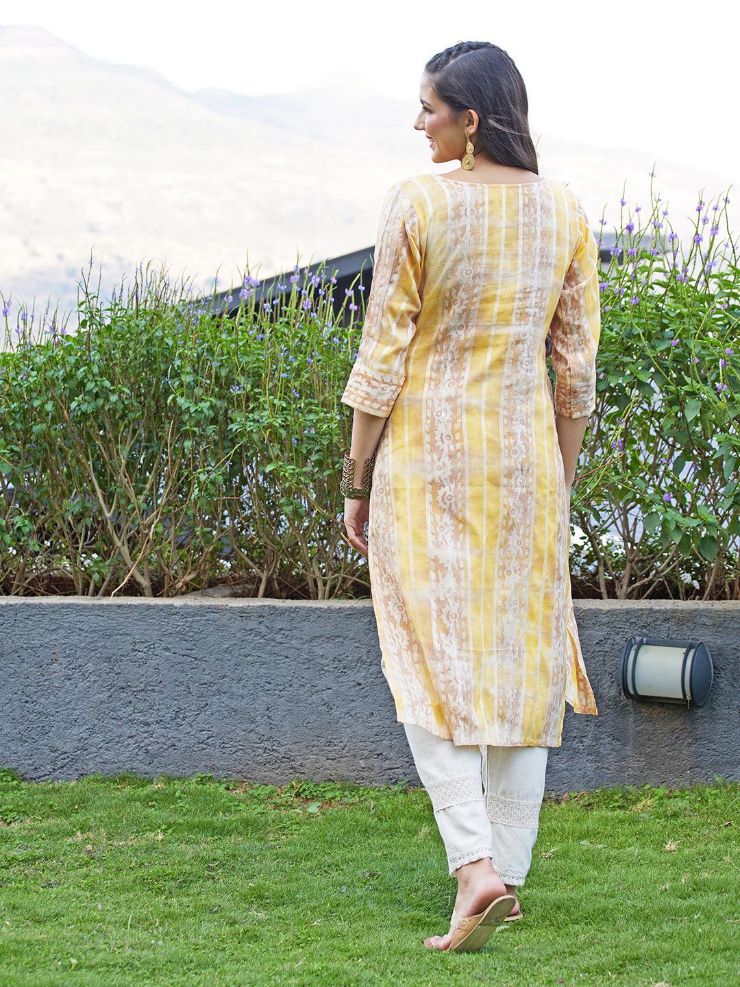 Ethnic Stripes Printed & Embroidered Straight Fit Kurta - Multi - Indiakreations