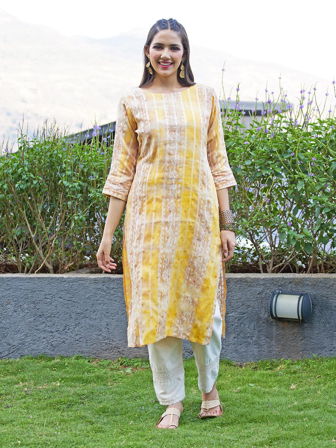 Ethnic Stripes Printed & Embroidered Straight Fit Kurta - Multi - Indiakreations