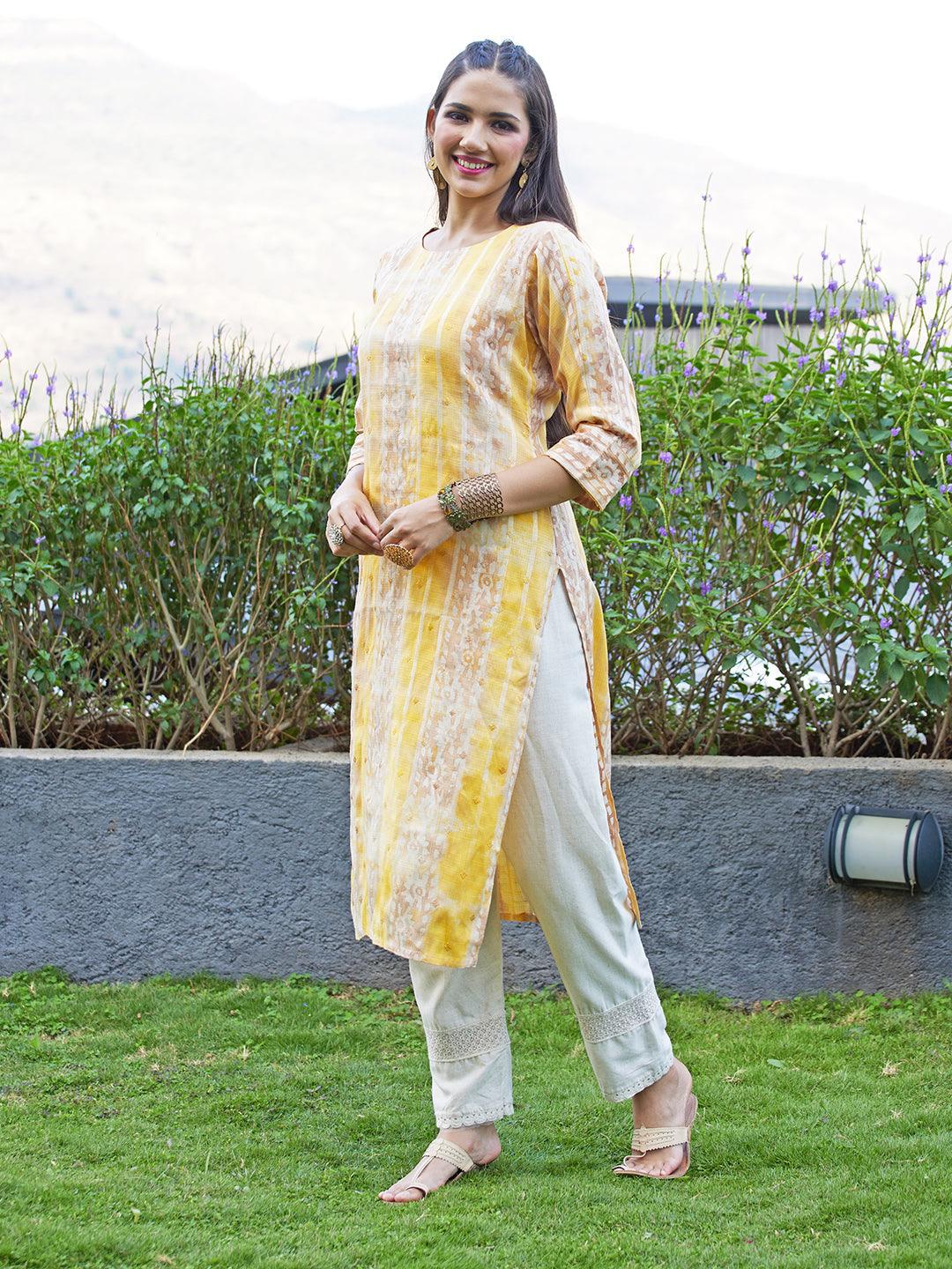 Ethnic Stripes Printed & Embroidered Straight Fit Kurta - Multi - Indiakreations