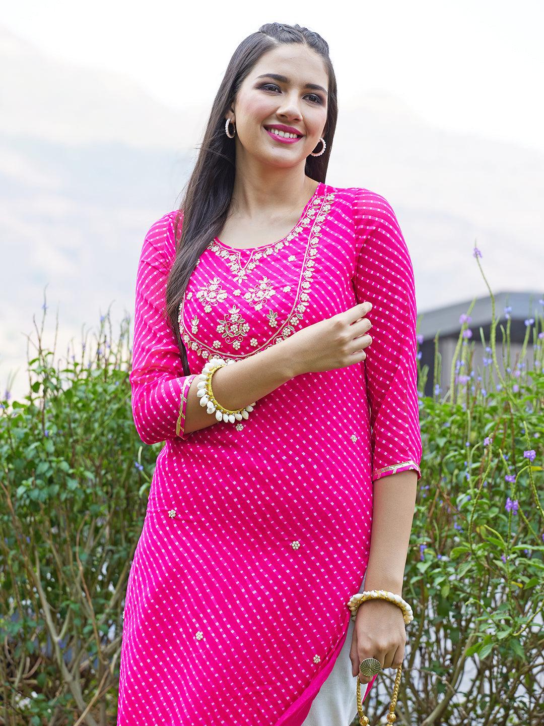 Leheriya Printed & Hand Embroidered Straight Fit Kurta - Rani Pink - Indiakreations