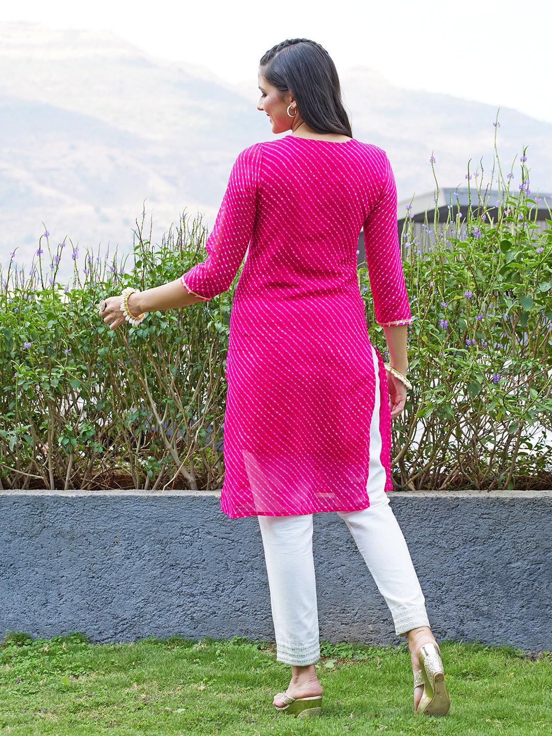 Leheriya Printed & Hand Embroidered Straight Fit Kurta - Rani Pink - Indiakreations