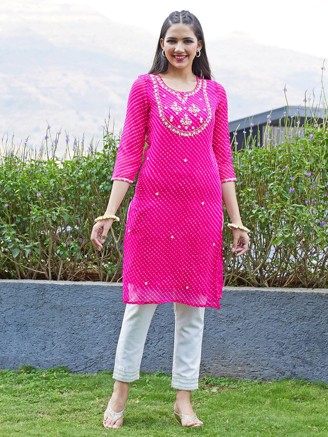 Leheriya Printed & Hand Embroidered Straight Fit Kurta - Rani Pink - Indiakreations