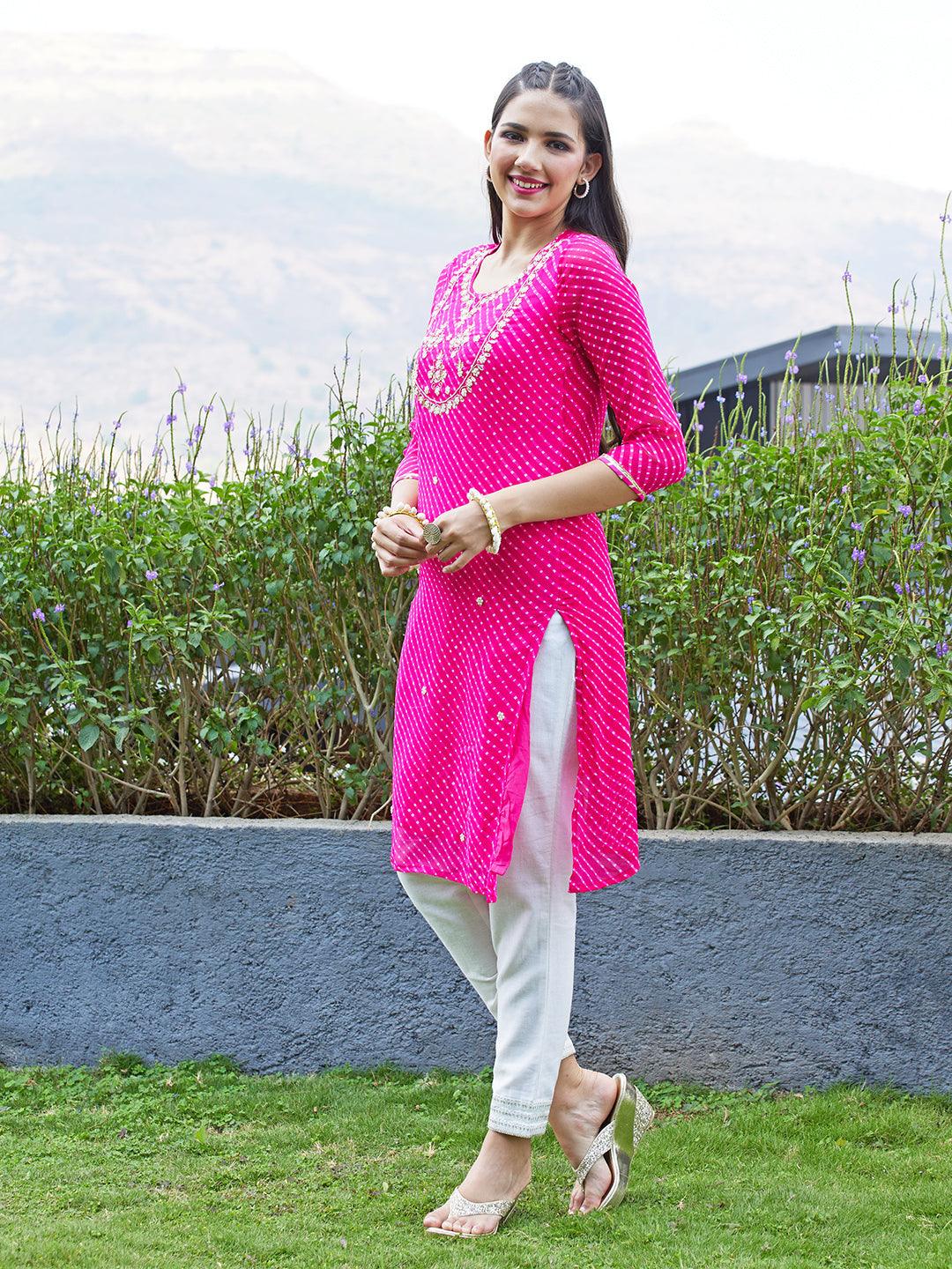 Leheriya Printed & Hand Embroidered Straight Fit Kurta - Rani Pink - Indiakreations