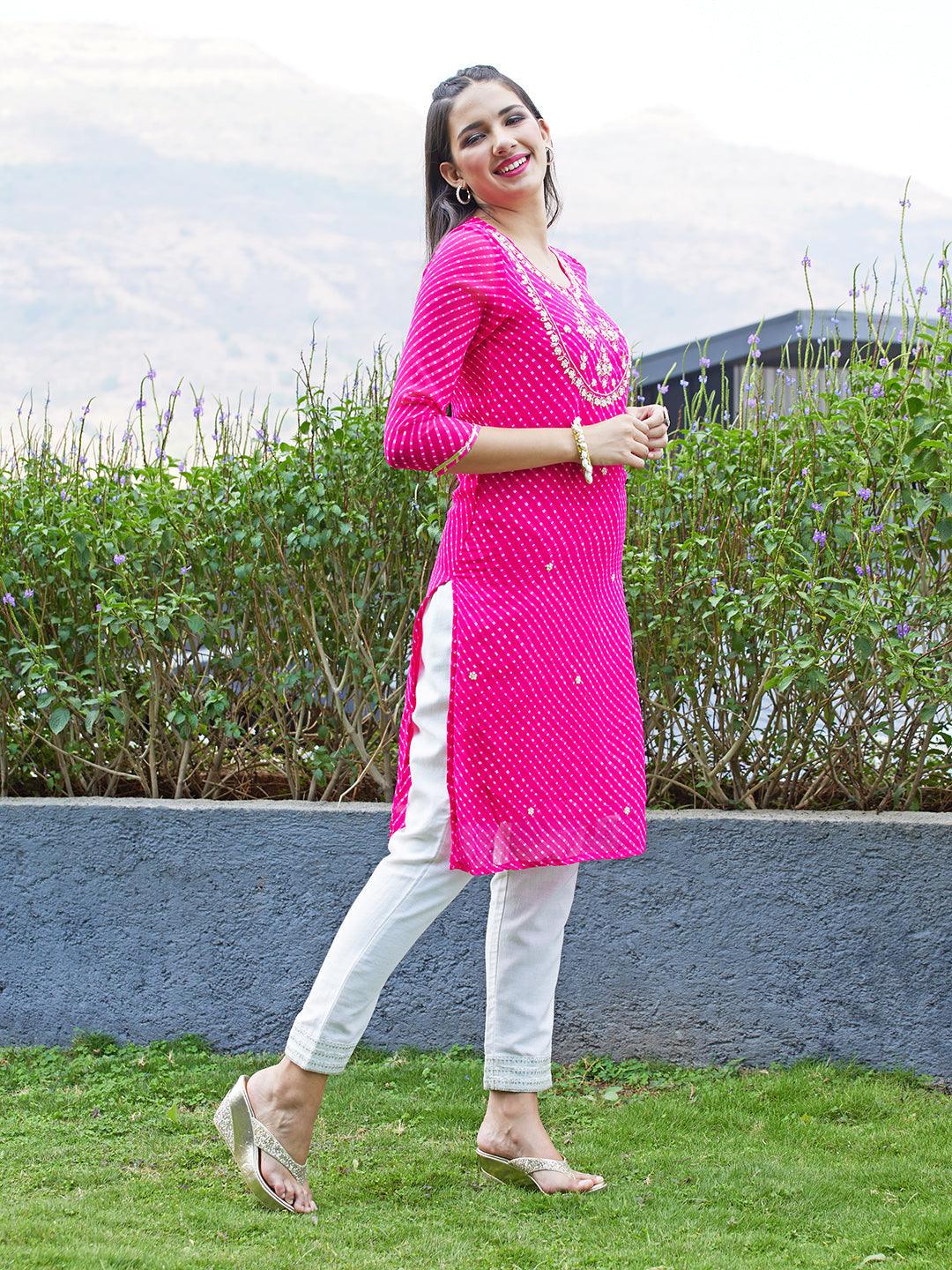 Leheriya Printed & Hand Embroidered Straight Fit Kurta - Rani Pink - Indiakreations