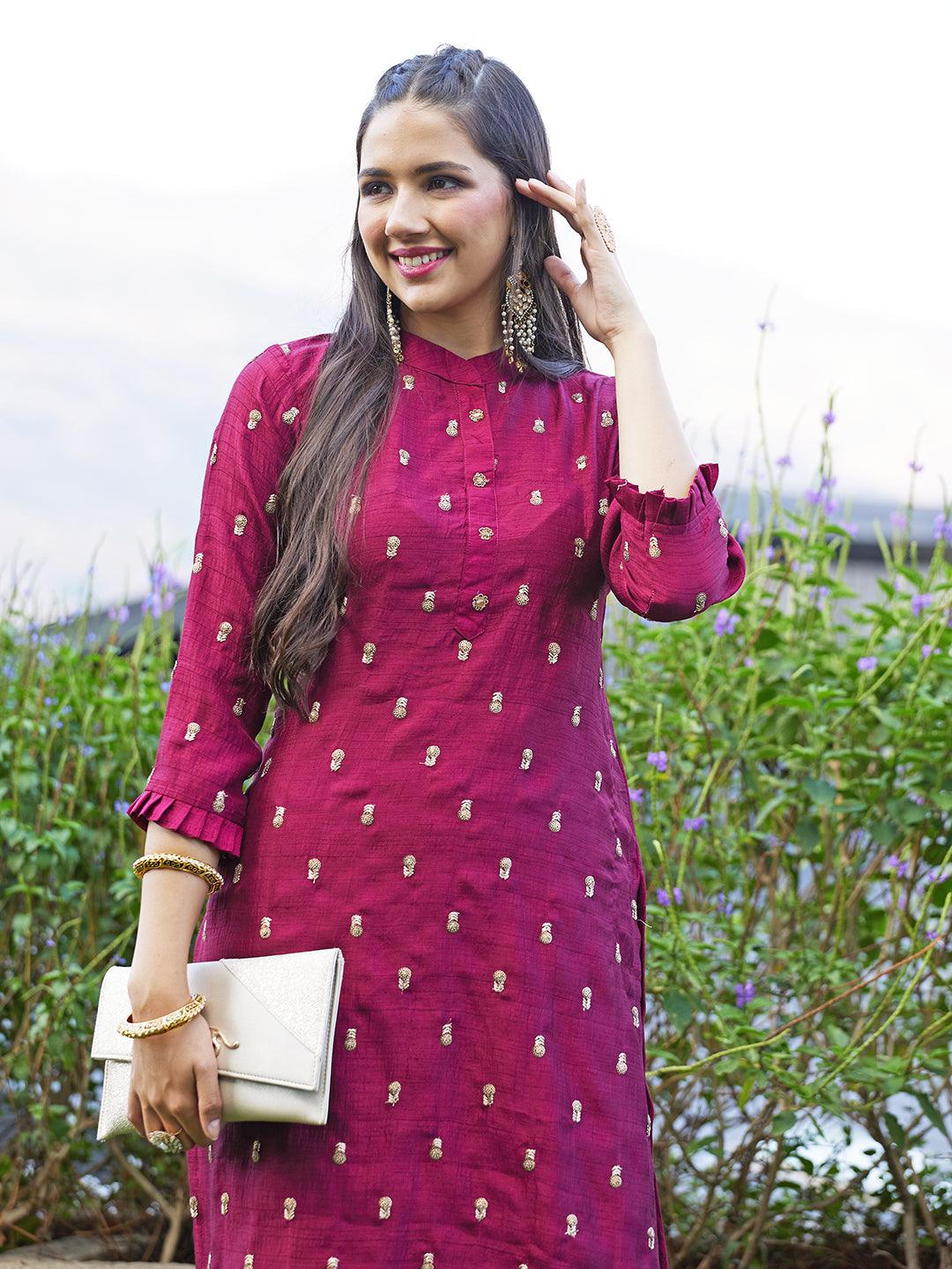 Solid Zari & Sequins Embroidered Floral Kurta - Maroon - Indiakreations