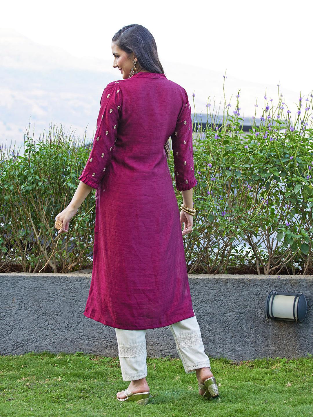 Solid Zari & Sequins Embroidered Floral Kurta - Maroon - Indiakreations