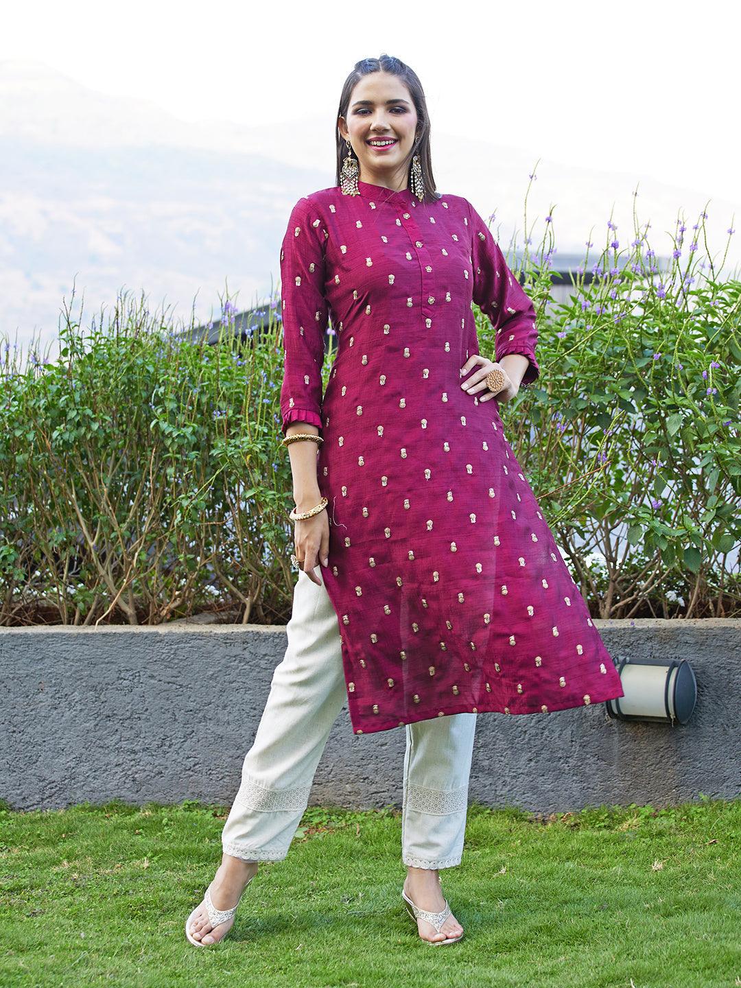 Solid Zari & Sequins Embroidered Floral Kurta - Maroon - Indiakreations