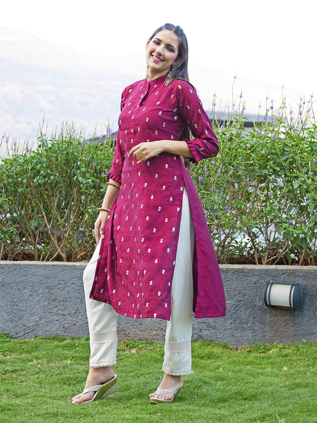 Solid Zari & Sequins Embroidered Floral Kurta - Maroon - Indiakreations