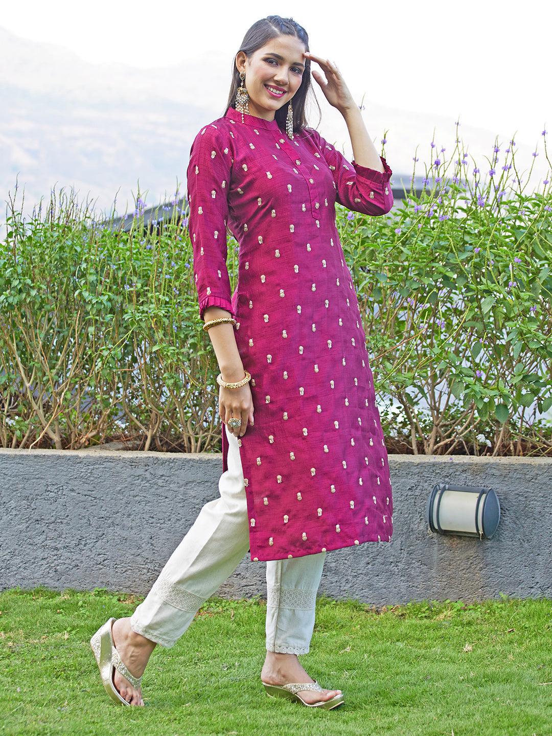 Solid Zari & Sequins Embroidered Floral Kurta - Maroon - Indiakreations