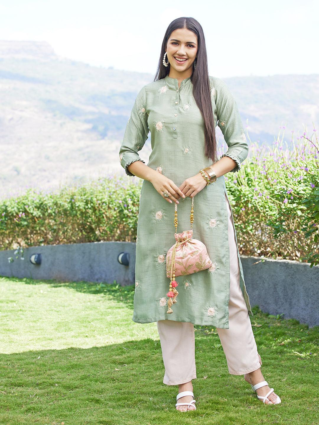 Solid Mirror & Resham Embroidered Kurta - Green - Indiakreations