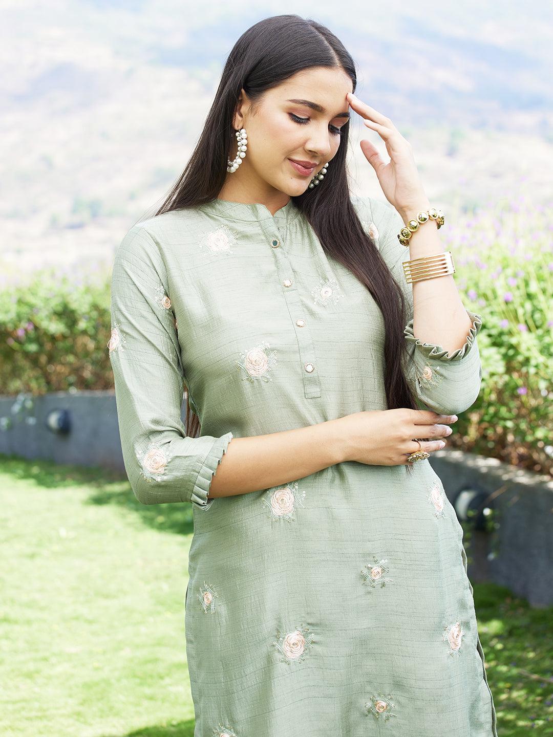 Solid Mirror & Resham Embroidered Kurta - Green - Indiakreations