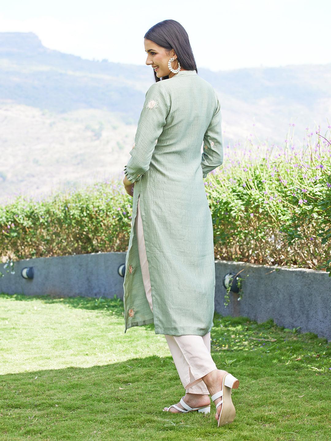 Solid Mirror & Resham Embroidered Kurta - Green - Indiakreations