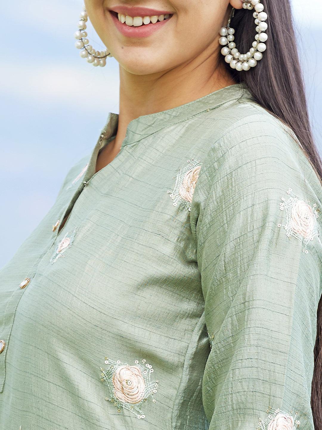 Solid Mirror & Resham Embroidered Kurta - Green - Indiakreations