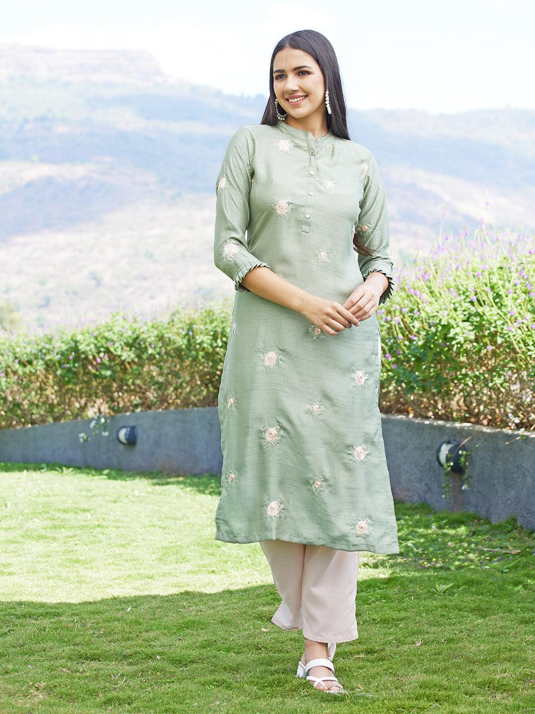 Solid Mirror & Resham Embroidered Kurta - Green - Indiakreations