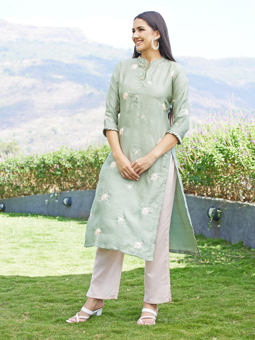 Solid Mirror & Resham Embroidered Kurta - Green - Indiakreations