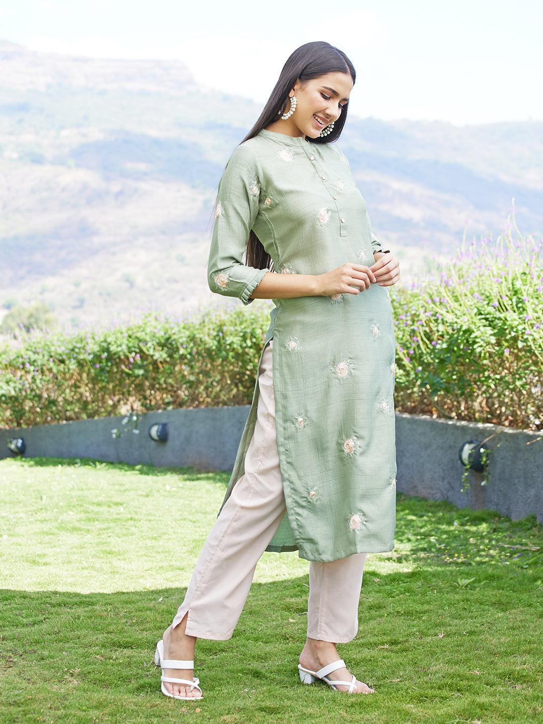 Solid Mirror & Resham Embroidered Kurta - Green - Indiakreations