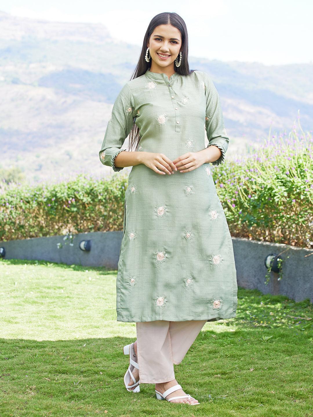 Solid Mirror & Resham Embroidered Kurta - Green - Indiakreations