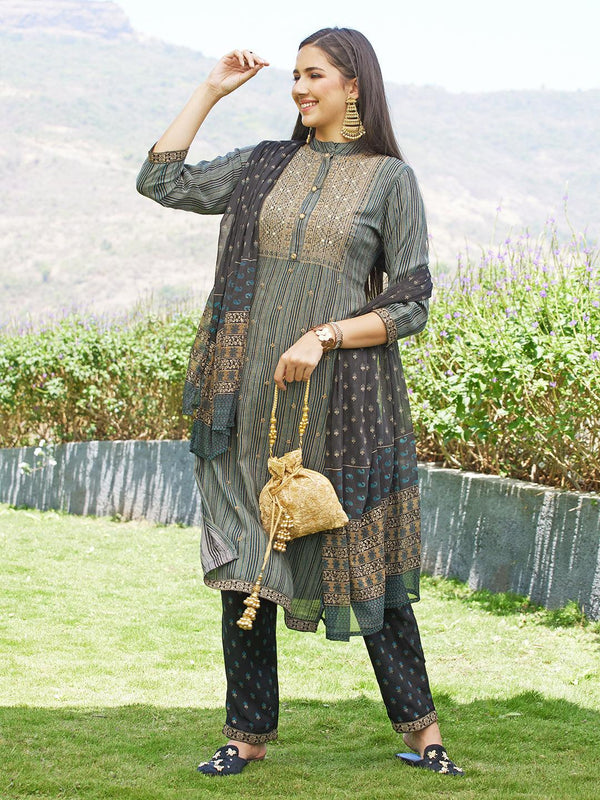 Stripes Printed Resham Embroidered Kurta With Pants & Dupatta - Multi - Indiakreations