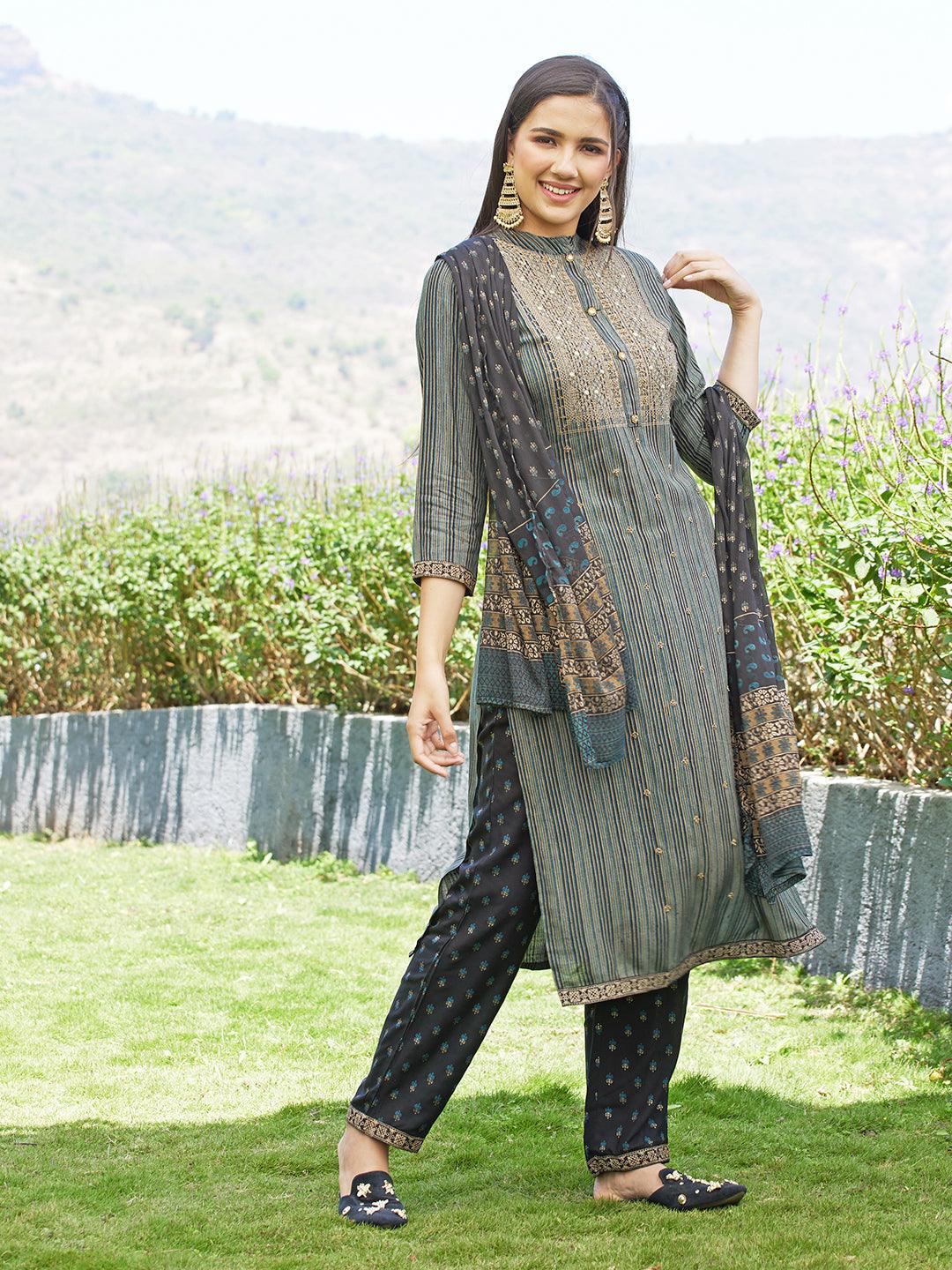 Stripes Printed Resham Embroidered Kurta With Pants & Dupatta - Multi - Indiakreations