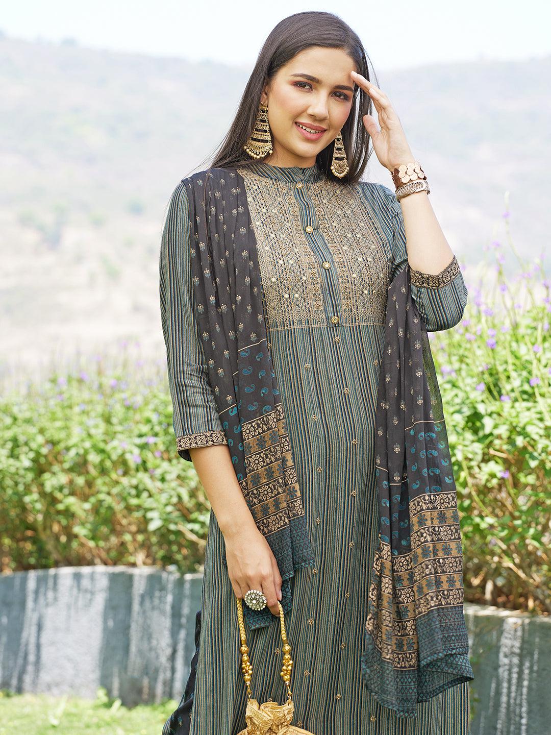 Stripes Printed Resham Embroidered Kurta With Pants & Dupatta - Multi - Indiakreations