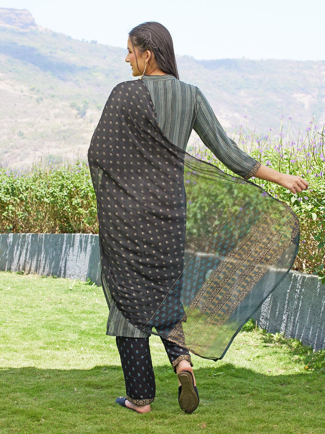 Stripes Printed Resham Embroidered Kurta With Pants & Dupatta - Multi - Indiakreations