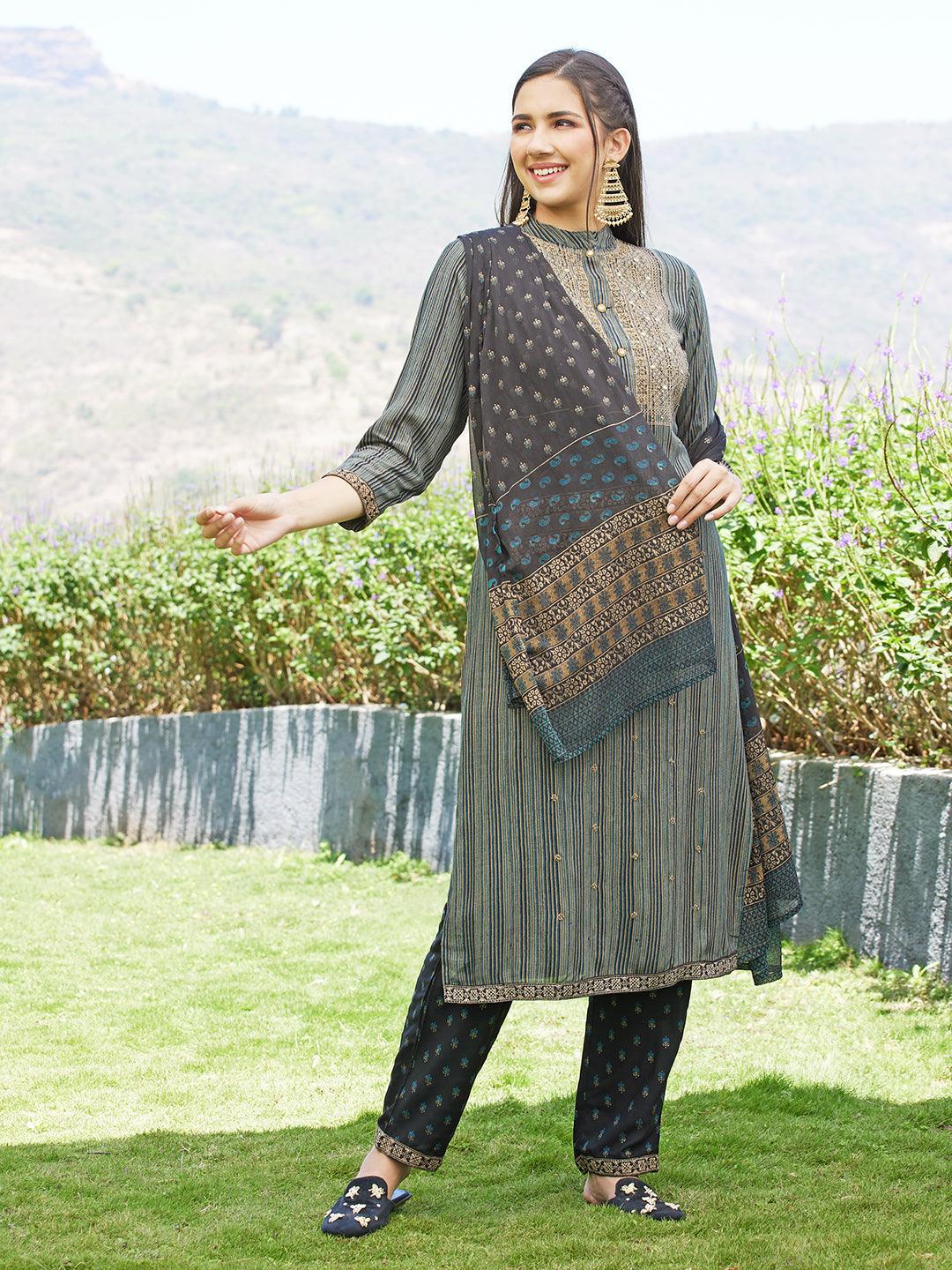 Stripes Printed Resham Embroidered Kurta With Pants & Dupatta - Multi - Indiakreations