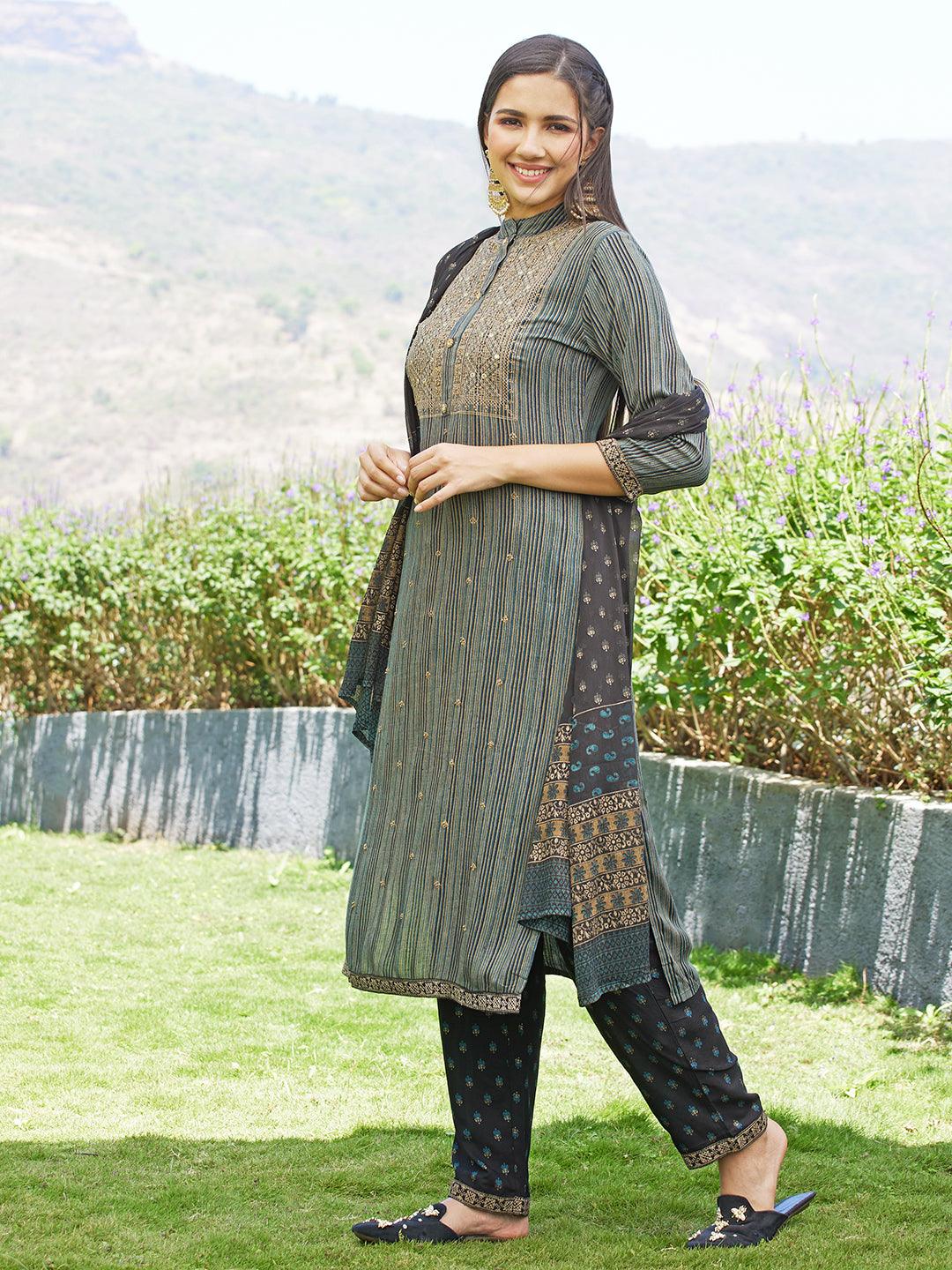 Stripes Printed Resham Embroidered Kurta With Pants & Dupatta - Multi - Indiakreations