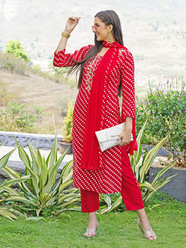 Bandhani Printed & Hand Embroidered Kurta with Pants & Dupatta - Red - Indiakreations