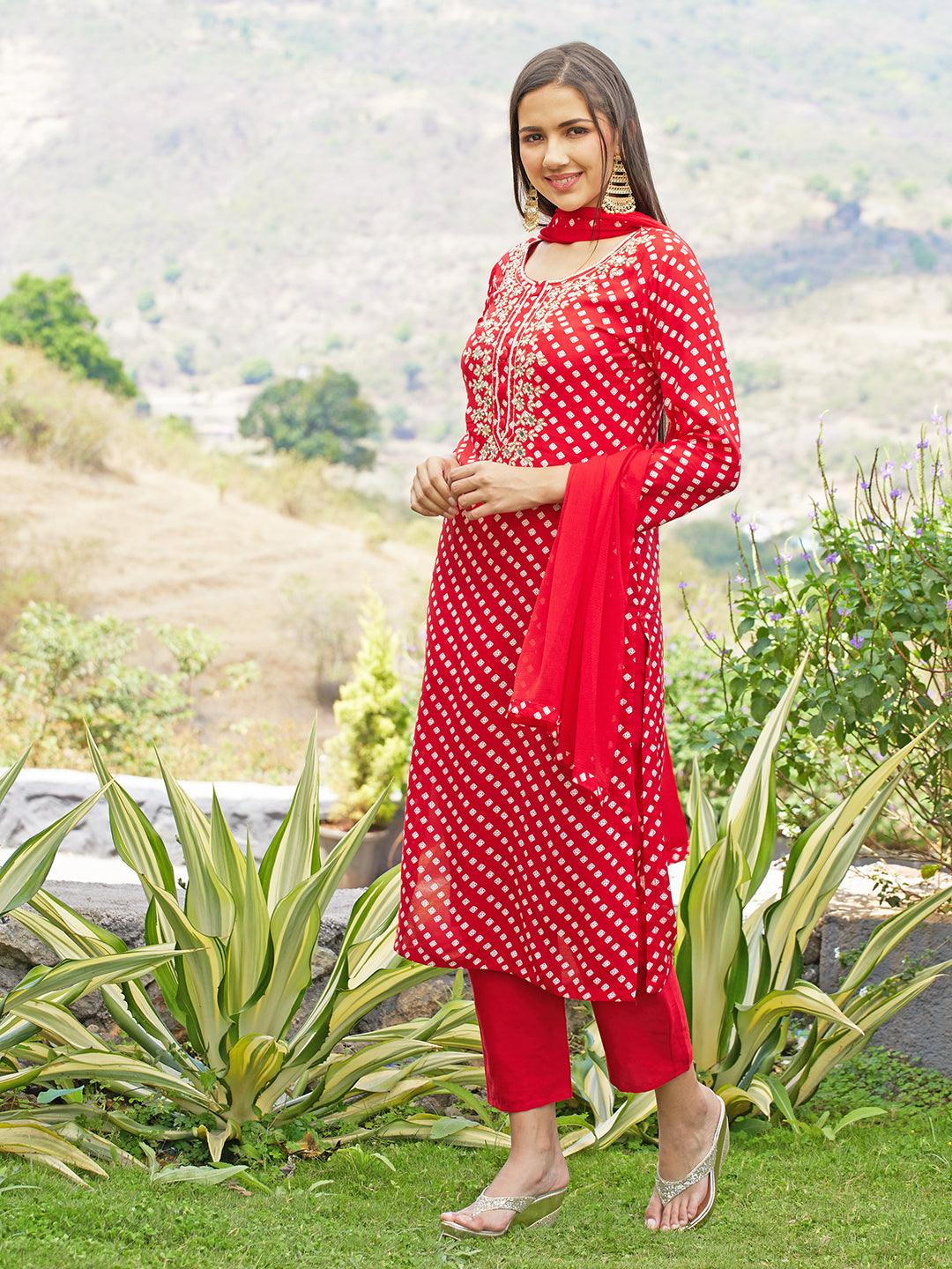 Bandhani Printed & Hand Embroidered Kurta with Pants & Dupatta - Red - Indiakreations