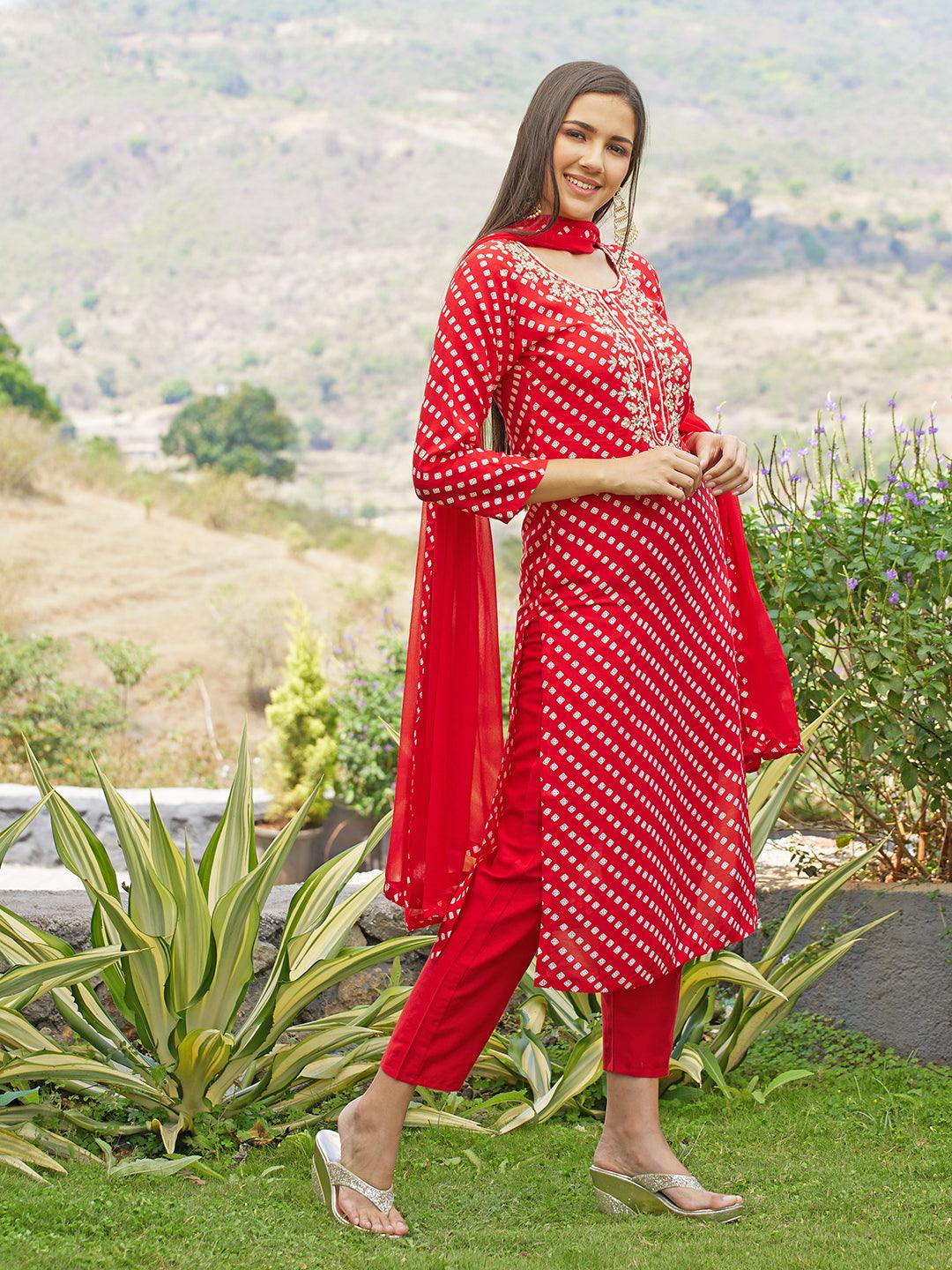 Bandhani Printed & Hand Embroidered Kurta with Pants & Dupatta - Red - Indiakreations