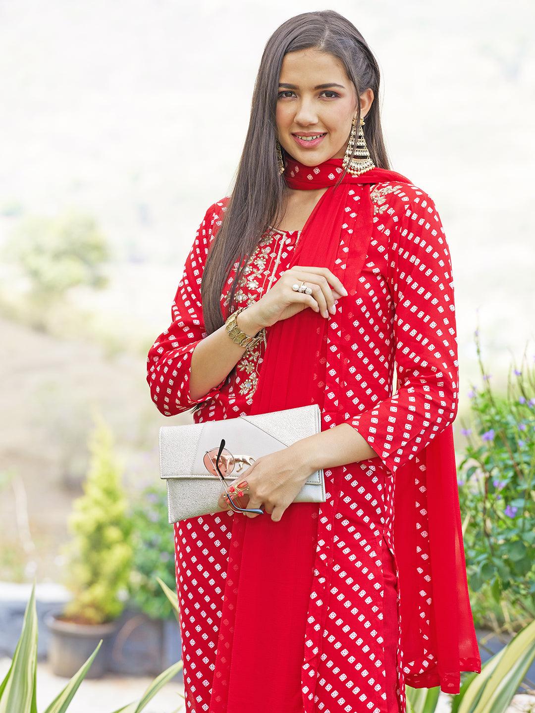 Bandhani Printed & Hand Embroidered Kurta with Pants & Dupatta - Red - Indiakreations