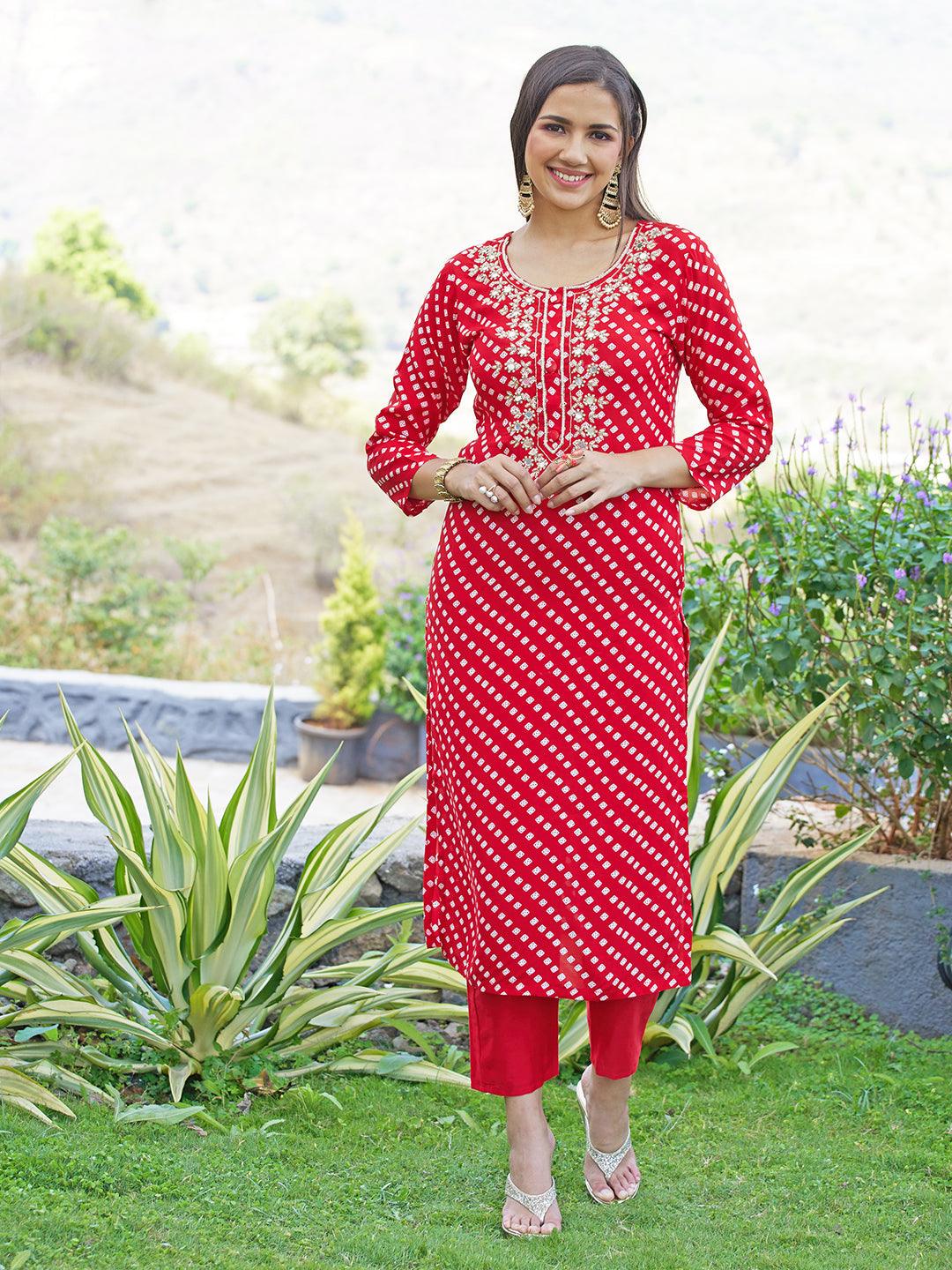 Bandhani Printed & Hand Embroidered Kurta with Pants & Dupatta - Red - Indiakreations