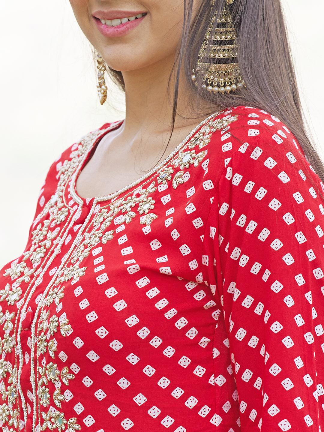 Bandhani Printed & Hand Embroidered Kurta with Pants & Dupatta - Red - Indiakreations