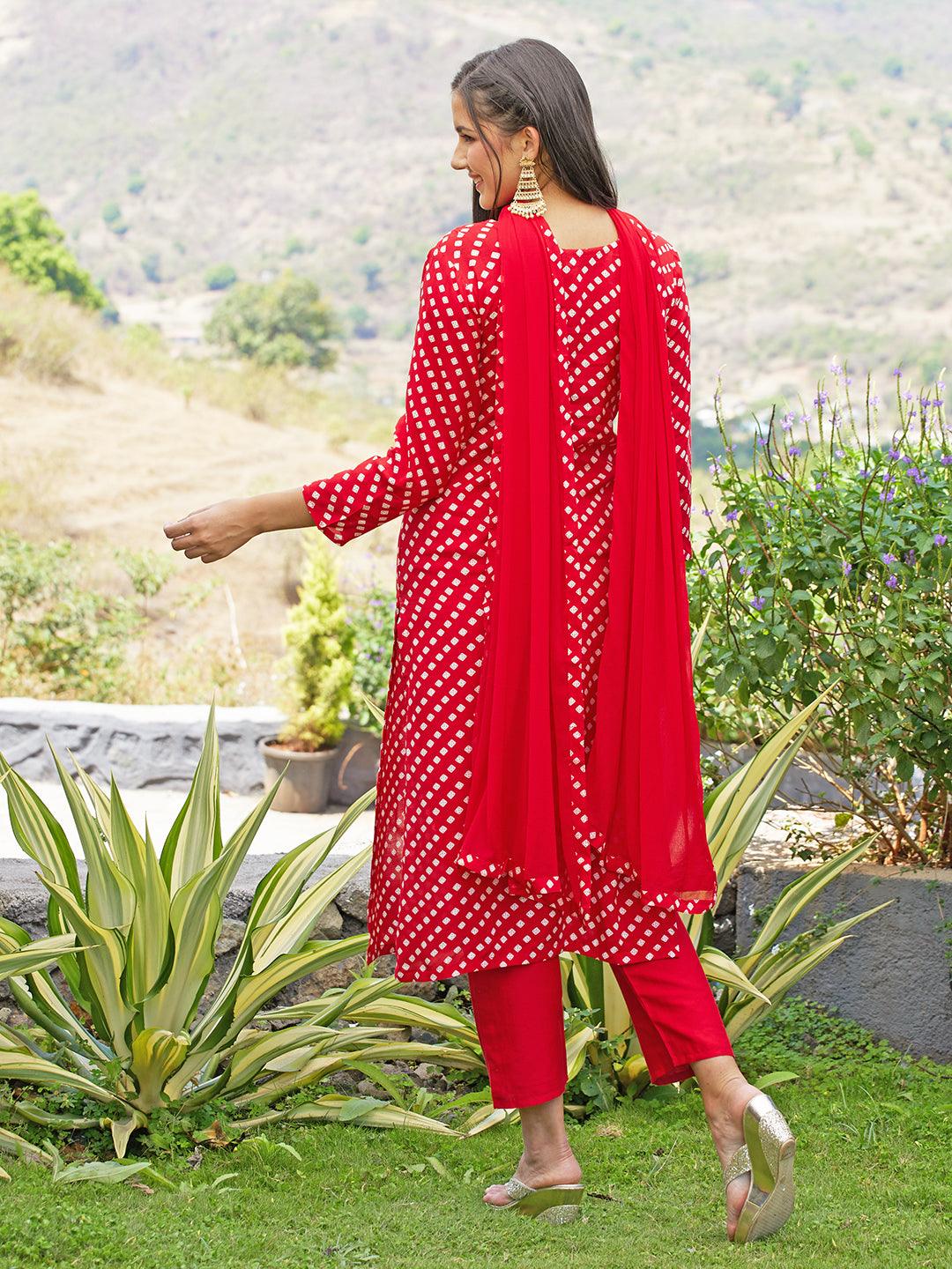 Bandhani Printed & Hand Embroidered Kurta with Pants & Dupatta - Red - Indiakreations