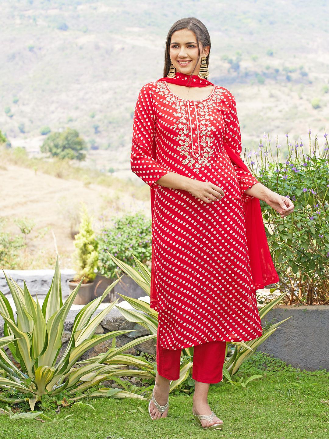 Bandhani Printed & Hand Embroidered Kurta with Pants & Dupatta - Red - Indiakreations