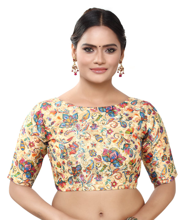 Women's Polyester Brocade Digital Floral Print Elbow Length Sleeves Readymade Saree Blouse - Madhu Fashion