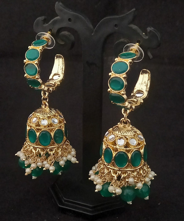 Women's Green CZ Monalisa Stones Pearl Jhumki Earrings Set - EVY